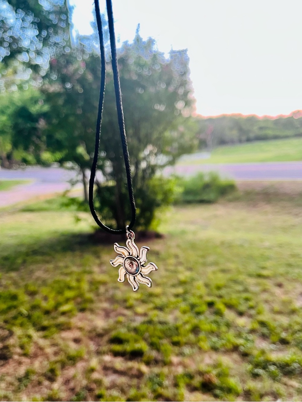 Sunburst Pendant Necklace - Black Cord, Silver Tone Sun Charm Chocker
